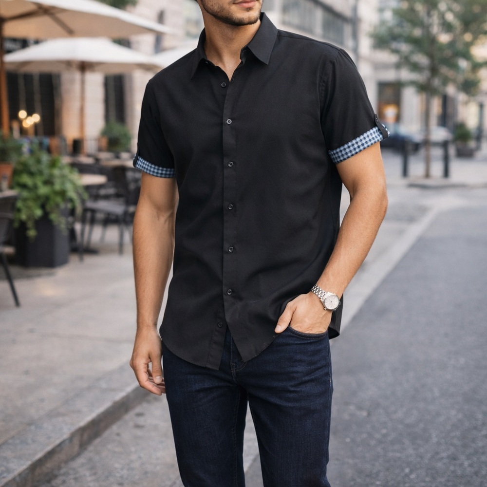 PJP Paul Jones Men’s Black Short Sleeve Button Shirt Blue Plaid Cuff NWT
